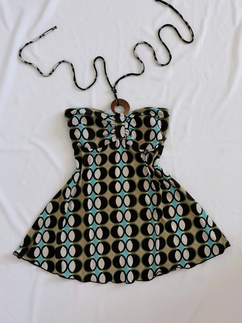 Vintage BCX Green Brown Blue Geometric Halter Top Beaded
